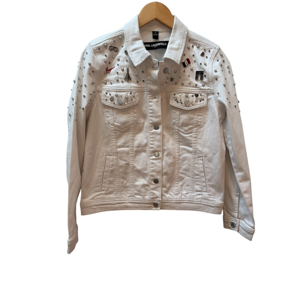 Karl Lagerfeld Paris White Embellished Denim Jacket Studded Pearl Paris XS NEW